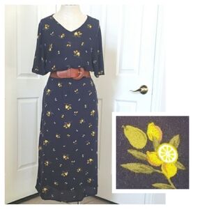 Vintage NIKO AND... Navy Blue Lemon Print Midi Dress